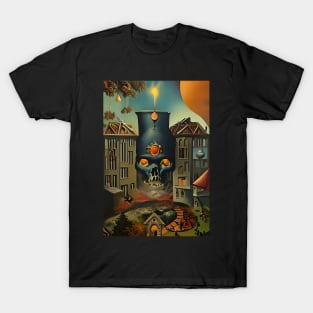 Surrealist painting like digital art of a Skull Cauldron and a village in abstract style T-Shirt